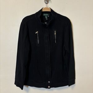 Lauren Ralph Lauren Women's Full Zip Cotton Knit Jacket Black 1X Preppy
